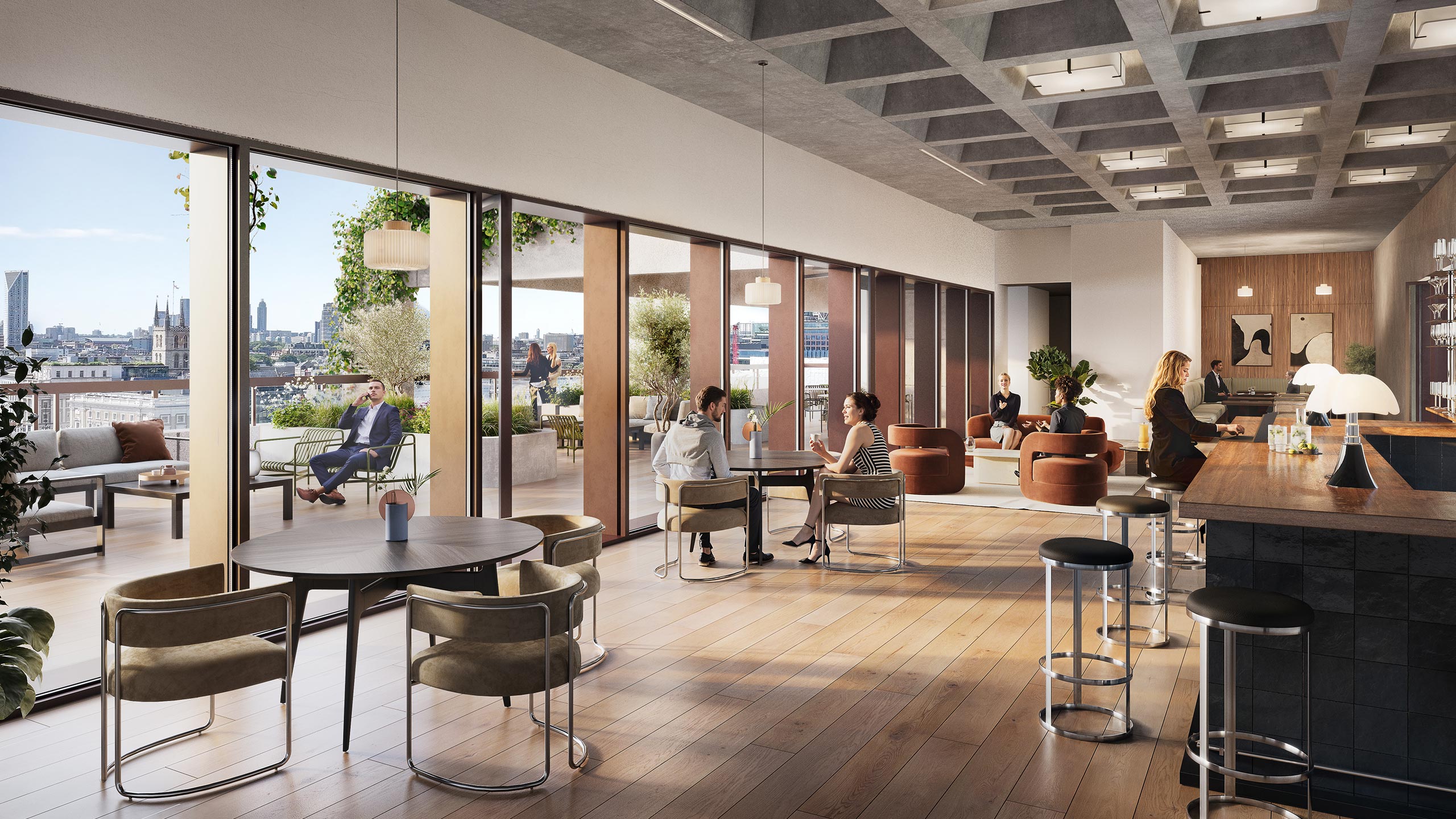 Fresh Wharf bar and roof terrace pavilion space with panoramic views over the River Thames towards Borough Market.