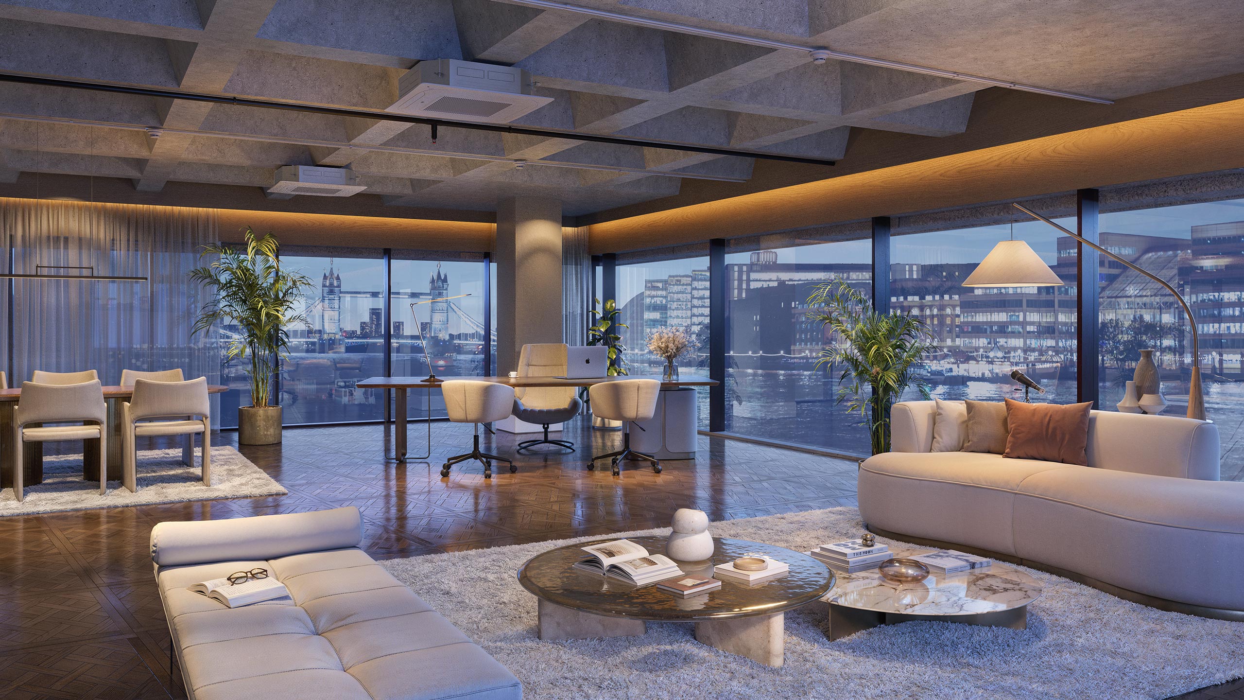 Second floor office with panoramic views over the River Thames towards Tower Bridge.